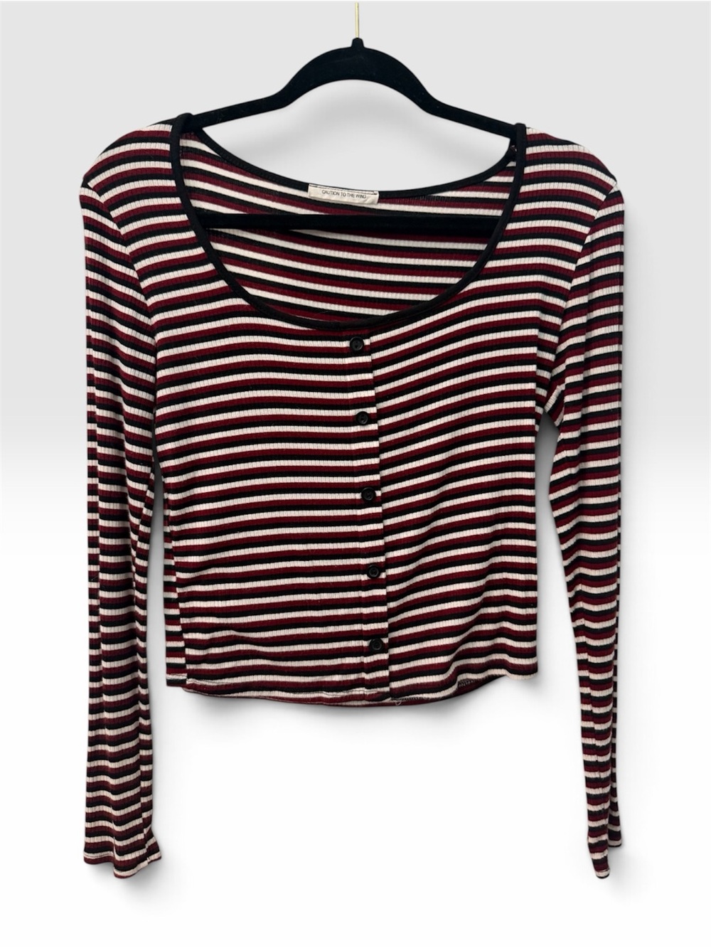 Caution To The Wind Burgundy, Black & White Striped Long Sleeve Button Crop Top